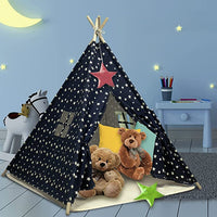 EALING BABY Kids Teepee Tent-Foldable Cotton Canvas Kids Playhouse with Tent Mat -Teepee Tent with Windows and Door Curtains -Outdoor andIndoor Playhouse-Navy Star Play Tent for Boys and Girls