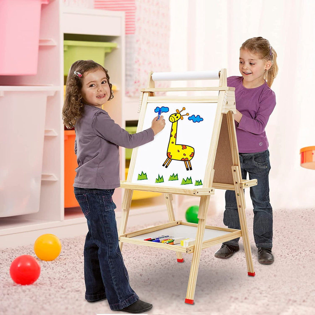 Kids Easel with Wooden Paper roll Holder Double-Sided Whiteboard