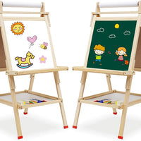 EALING BABY Art Easel For Kids With Dry-Erase Board, Chalkboard, Paper Roll, Art Supply Tray, Magnetic Letter And NumbersEasel Accessories, Kids ArtLearning Toys–Natural Wood Color