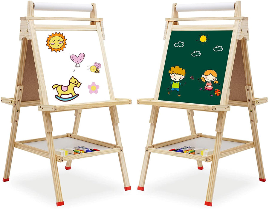 EALING BABY Art Easel For Kids With Dry-Erase Board, Chalkboard, Paper Roll, Art Supply Tray, Magnetic Letter And NumbersEasel Accessories, Kids ArtLearning Toys–Natural Wood Color