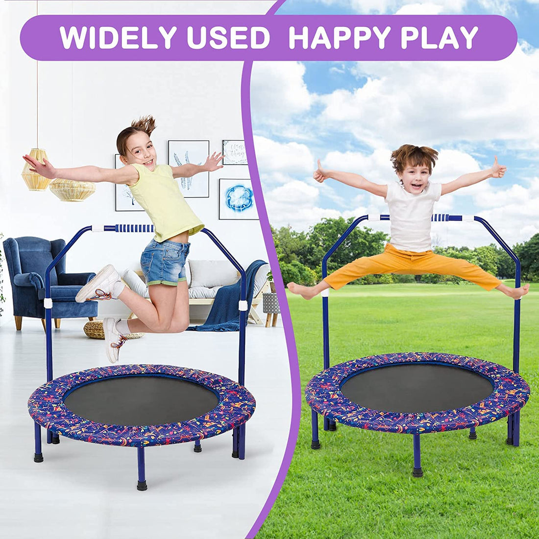 EALING BABY 36'' Kids Trampoline-Mini Trampoline With Foldable Bungee -Toddler TrampolineWith Rebounder Adjustable Handrail And Padded Cover -Black -Purple Outdoor-Indoor Trampoline For Exercise